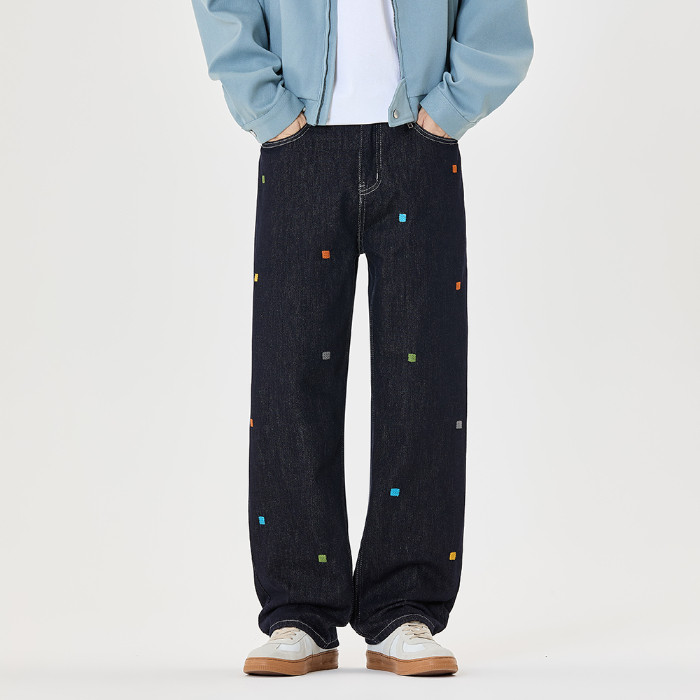 2025高端潮流品牌原色牛仔裤男秋季新款宽松直筒刺绣阔腿长裤休闲