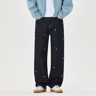 2025高端潮流品牌原色牛仔裤男秋季新款宽松直筒刺绣阔腿长裤休闲