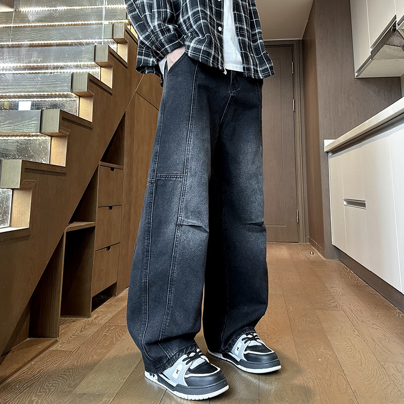 美式百搭蓝弯刀牛仔裤男款春秋冬季潮牌痞帅宽松直筒男生阔腿裤子