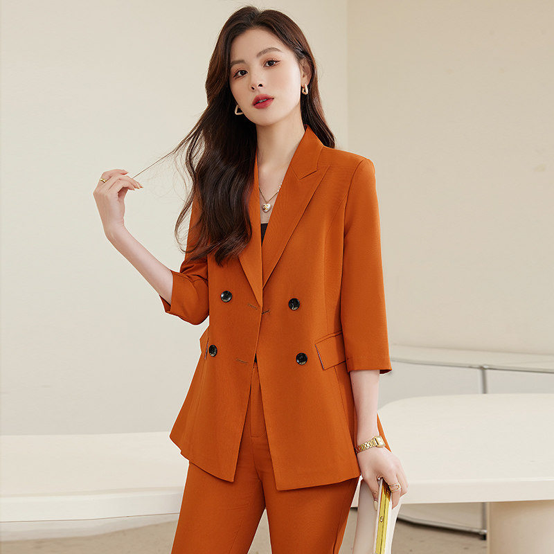 纯色通勤职业西装套装女夏薄款休闲西服中袖时尚百搭高级感两件套