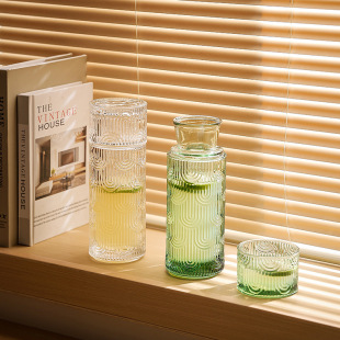 一壶一杯套装玻璃水杯果汁饮料牛奶早餐复古透明浮雕单人茶壶杯子