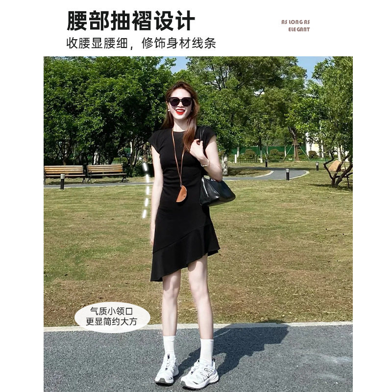 夏季黑色不规则荷叶边显瘦小黑裙