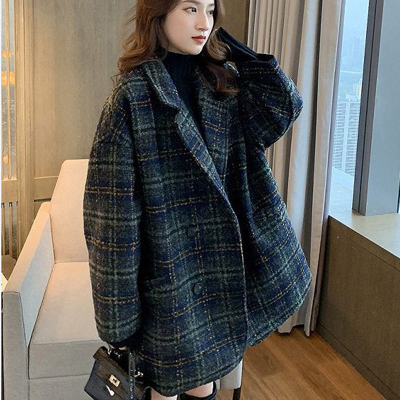 咖色西装外套女2025秋冬新款流行小个子格子粗花呢中长款毛呢大衣