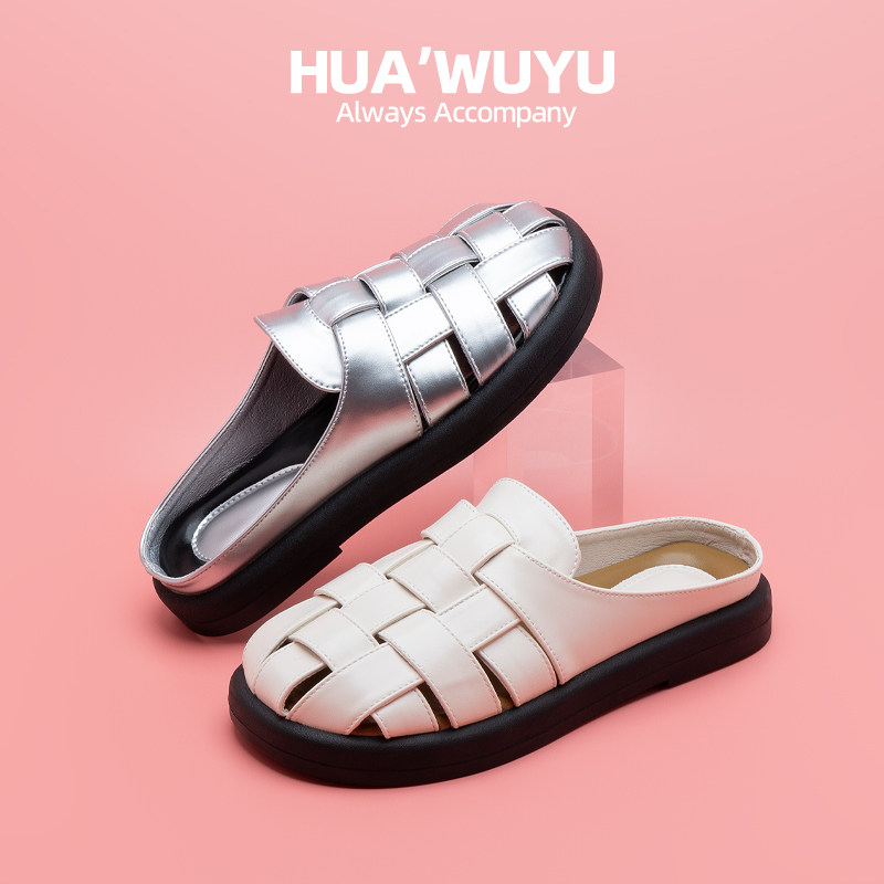 化雾语女士学生夏季复古罗马凉拖镂空平底舒适银面包头编织拖鞋
