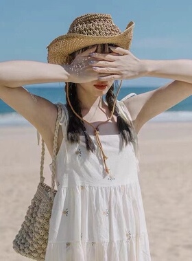 平顶帽子女夏度假海边巴拿马草帽大沿法式沙滩帽草编遮阳防晒礼