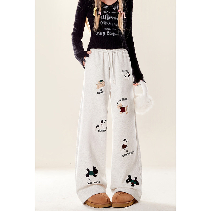 自然涩可爱贴布加绒卫裤女2024新款秋冬美式直筒休闲宽松阔腿裤子,女装/女士精品,卫裤,淘宝优惠券,粉丝福利购,淘宝优惠卷