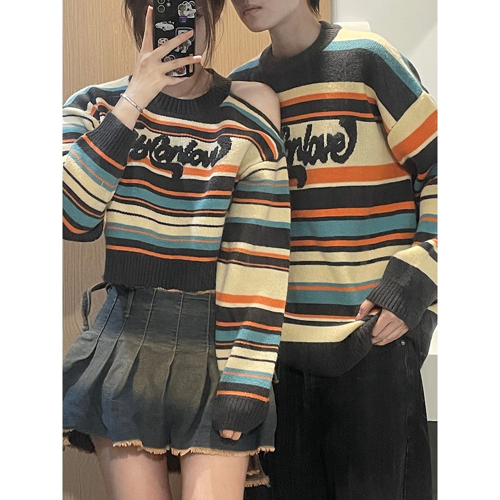复古条纹2025毛衣新款秋冬季美拉德针织衫一长一短慵懒情侣装