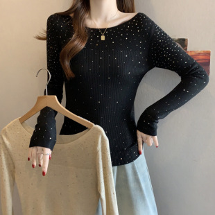 亮闪闪烫钻一字领针织衫女高级感钻饰内搭打底衫休闲毛衣上衣