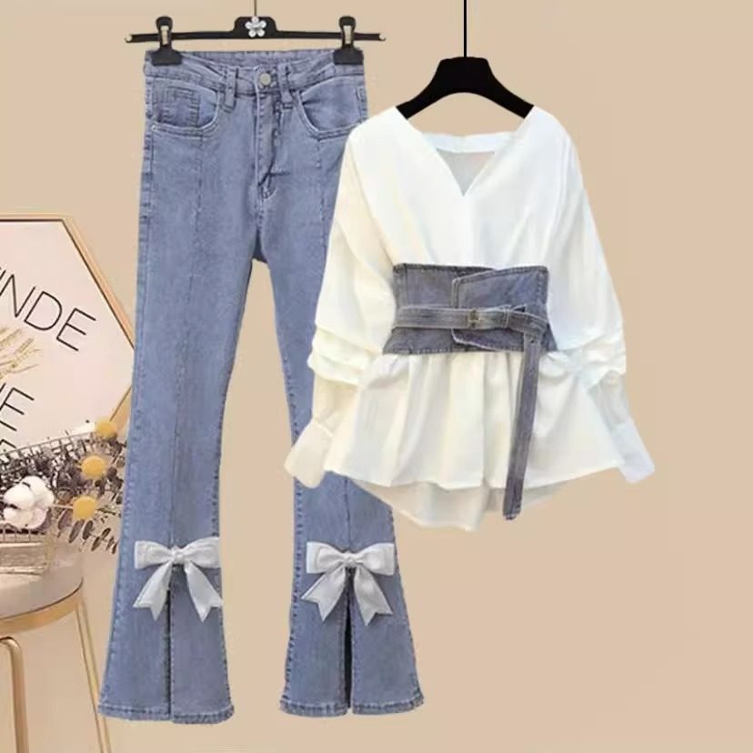 秋季时尚套装女2023新款韩系时尚设计感别致束腰衬衫牛仔裤三件套,女装/女士精品,大码套装,淘宝优惠券,粉丝福利购,淘宝优惠卷