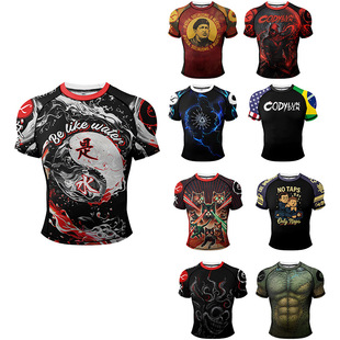 跨境夏季新款男装印花圆领短袖修身服饰透气高弹T恤