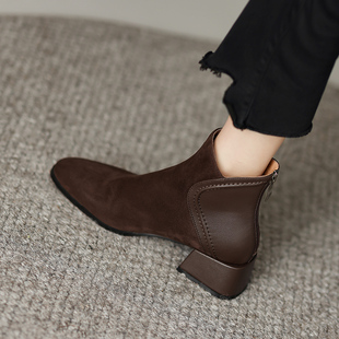 皮厚先生 百搭磨砂小短靴后拉链尖头高跟女靴