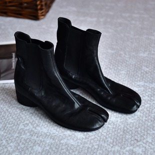 皮厚先生 头层油蜡马皮分趾短靴女中粗跟真皮切尔西靴子复古冬季