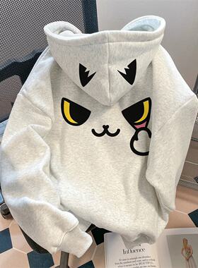 趣味卡通小黑猫连帽加绒卫衣上衣