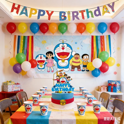 哆啦A梦生日派对装饰套装气球背景墙横幅桌布杯子叮当猫Doraemon