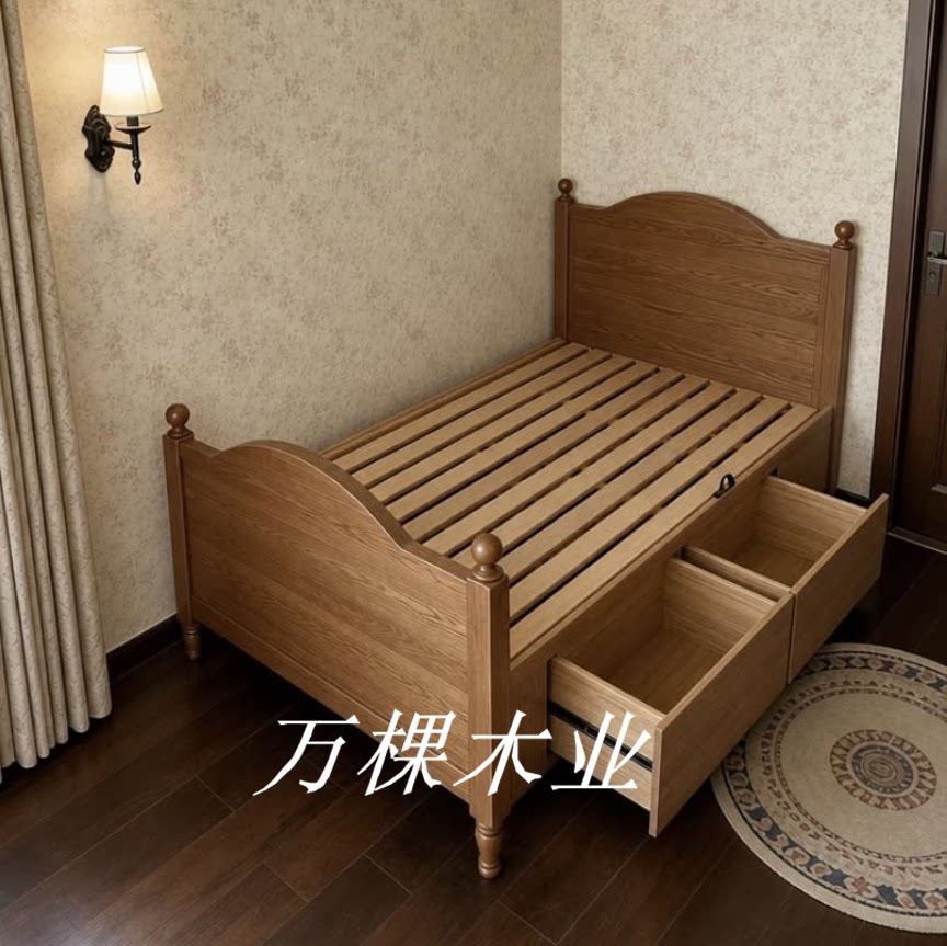定制美式全实木1.2米儿童单人床简约储物抽屉床法式液压箱体床