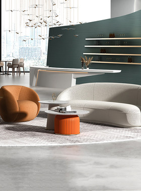 简约现代轻奢异形弧形沙发商务洽谈接待休闲区沙发茶几组合小沙发