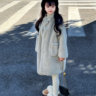 儿童仿皮草外套中长款 加厚保暖大衣皮毛一体 女童男宝宝棉衣秋冬季