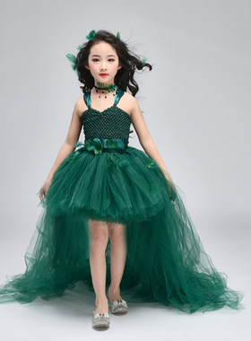 女童墨绿纱质蓬蓬公主裙走秀礼服可拆卸拖尾演出服森系仙摄影模卡