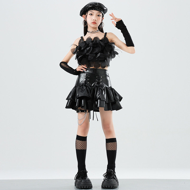 儿童街舞潮服演出服hiphop童装皮裙拉丁爵士女童服装女孩套装表演