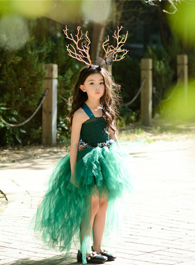 女童墨绿色蓬蓬裙定制礼服精灵森系风儿童摄影比赛万圣节亲子走秀