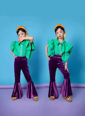 儿童幼儿园复古港风喇叭裤T台走秀演出服女童708090年主题表演
