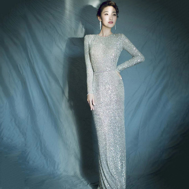 名媛气质主持人长裙亮片晚宴聚会演出礼服修身显瘦包臀鱼尾连衣裙