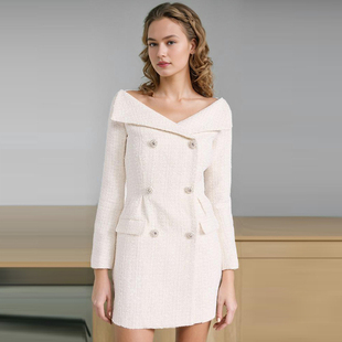 小香风V领双排扣粗花呢连衣裙秋冬季收腰显瘦包臀法式短款裙子女
