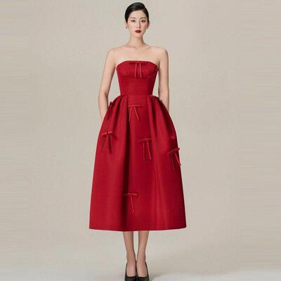 小个子红色抹胸敬酒晚礼服连衣裙
