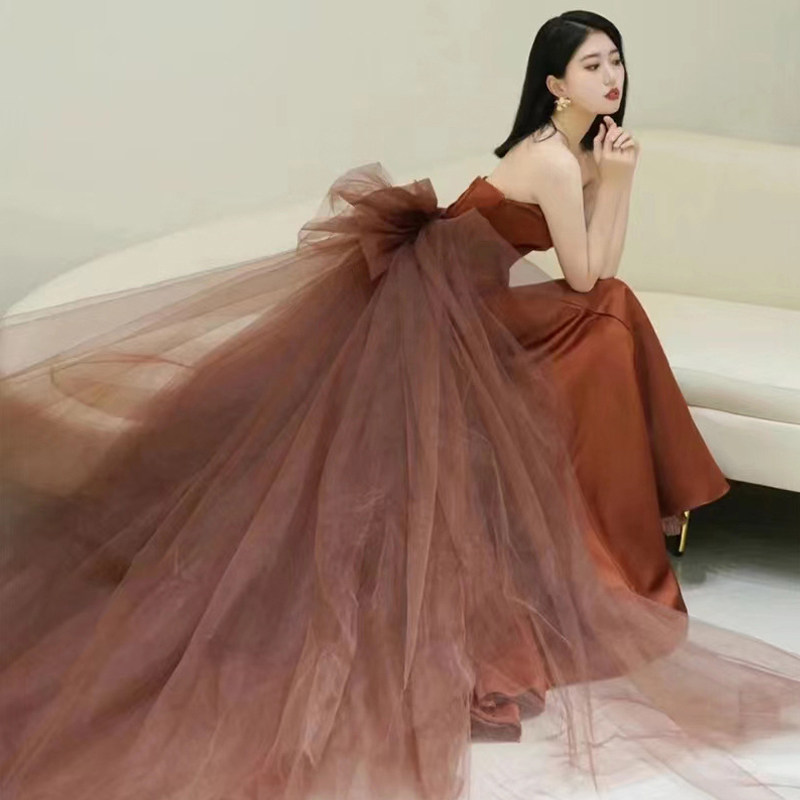 法式性感抹胸主持晚礼服网纱拼接长裙女气质名媛高级感宴会连衣裙