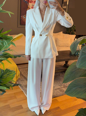 法式通勤风白色长袖小西装套装女收腰显瘦西服长裤高级感两件套装