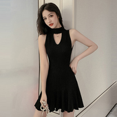挂脖镂空连衣裙高弹力针织裙小黑裙无袖 背心裙收腰显瘦遮肚A字裙