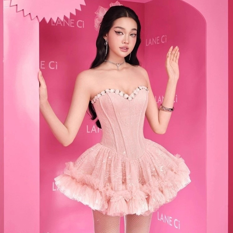 粉色抹胸芭比收腰公主短裙小礼服