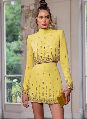 高级感欧美名媛欧洲站黄色靓丽水钻短款上衣半身裙显瘦两件套装女