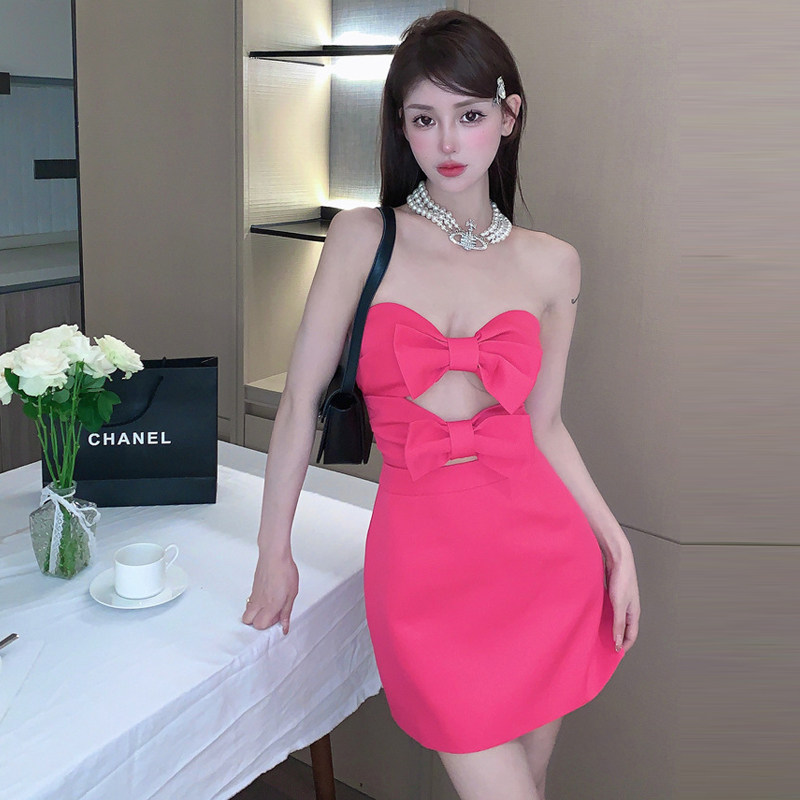 欧美风性感辣妹抹胸蝴蝶结连衣裙