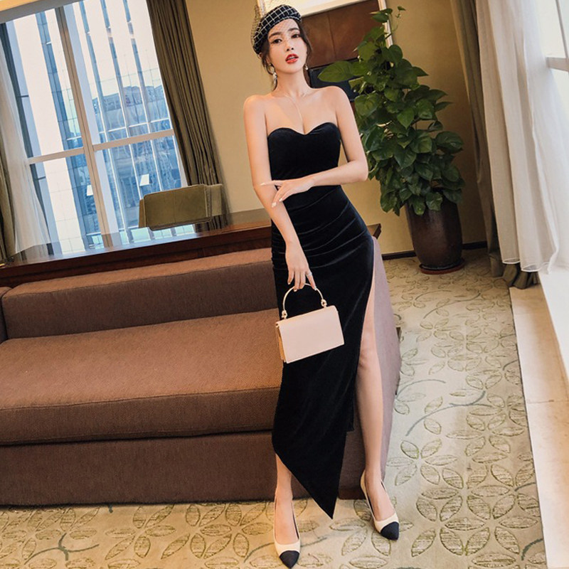 裹胸露背长裙丝绒晚宴聚会礼服女