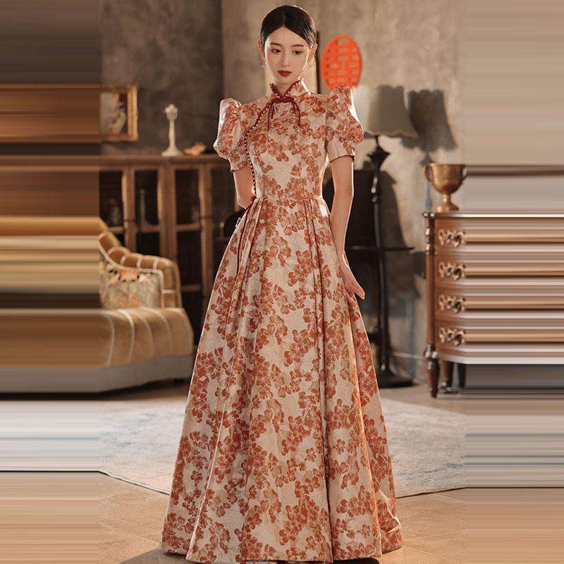 晚礼服平时可穿新娘订婚出阁宴会连衣裙复古碎花旗袍高级感长裙女