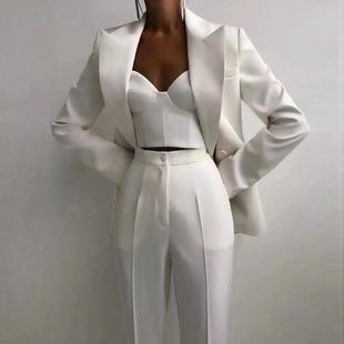 韩版时尚小西服外套吊带抹胸白色小脚裤OL通勤职业女装显瘦三件套