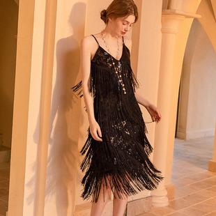 生日派对宴会吊带亮片流苏连衣裙女复古时尚V领礼服裙舞蹈表演裙