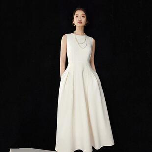 赫本风白色收腰显瘦遮肚法式轻奢气质高级感简约时尚中长款连衣裙
