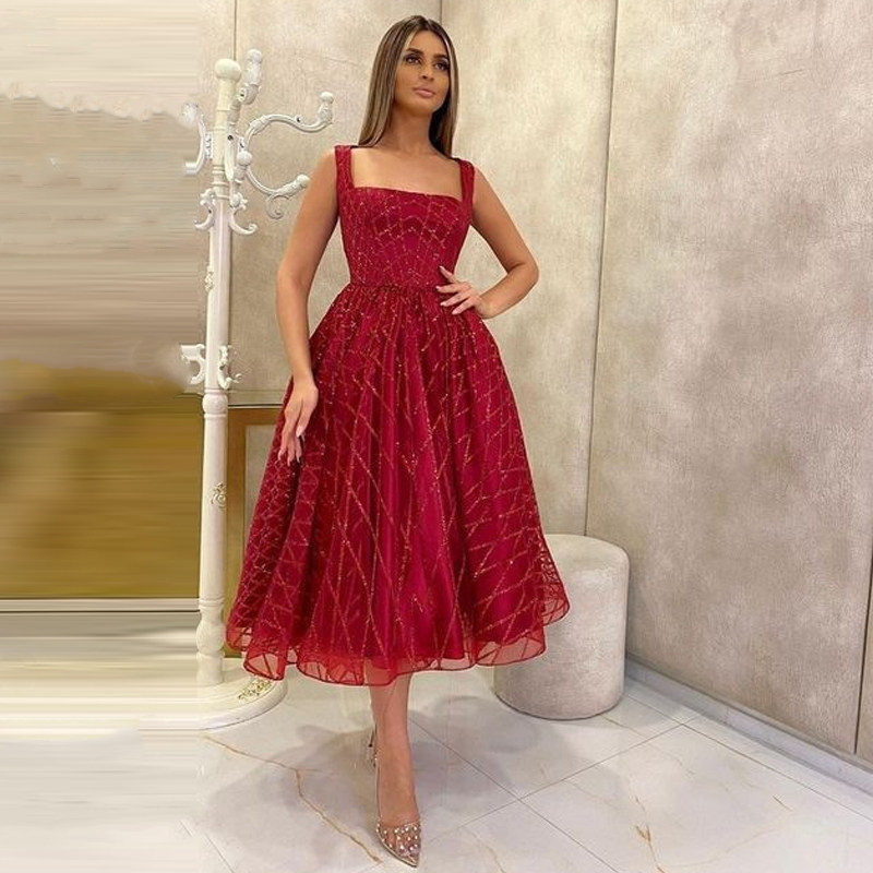 名媛方领露背吊带中长裙亮片晚宴聚会主持礼服高腰显瘦蓬蓬连衣裙