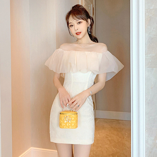 一字肩网纱荷叶边收腰显瘦连衣裙生日晚宴聚约会主持人伴娘小礼服