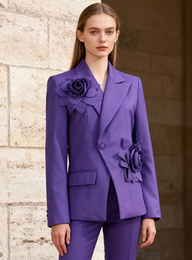 法式紫色立体花朵西装短外套女长袖气质通勤高级感御姐小西服上衣