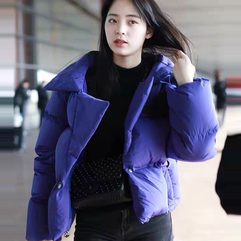紫色短款冬季加厚宽松棉衣外套女