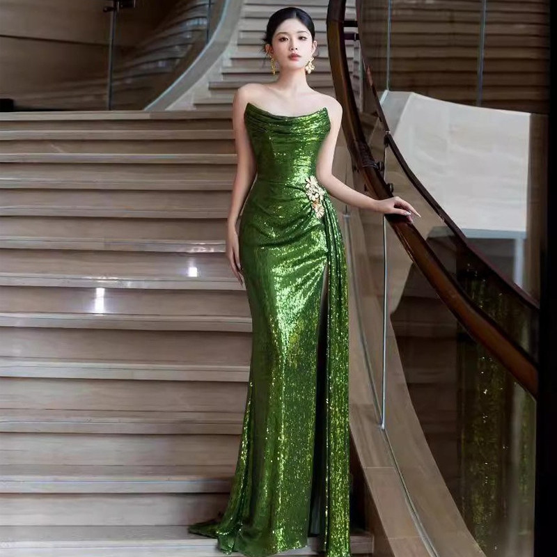 绿色抹胸亮片晚礼服连衣裙女高级感轻奢小众性感露背鱼尾宴会长裙