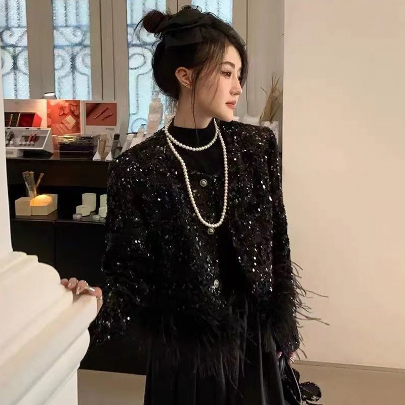 亮片毛毛拼接流苏修身显瘦短外套