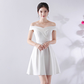 一字领露肩收腰显瘦遮肚A字连衣裙生日晚宴聚会主持人小礼服短裙