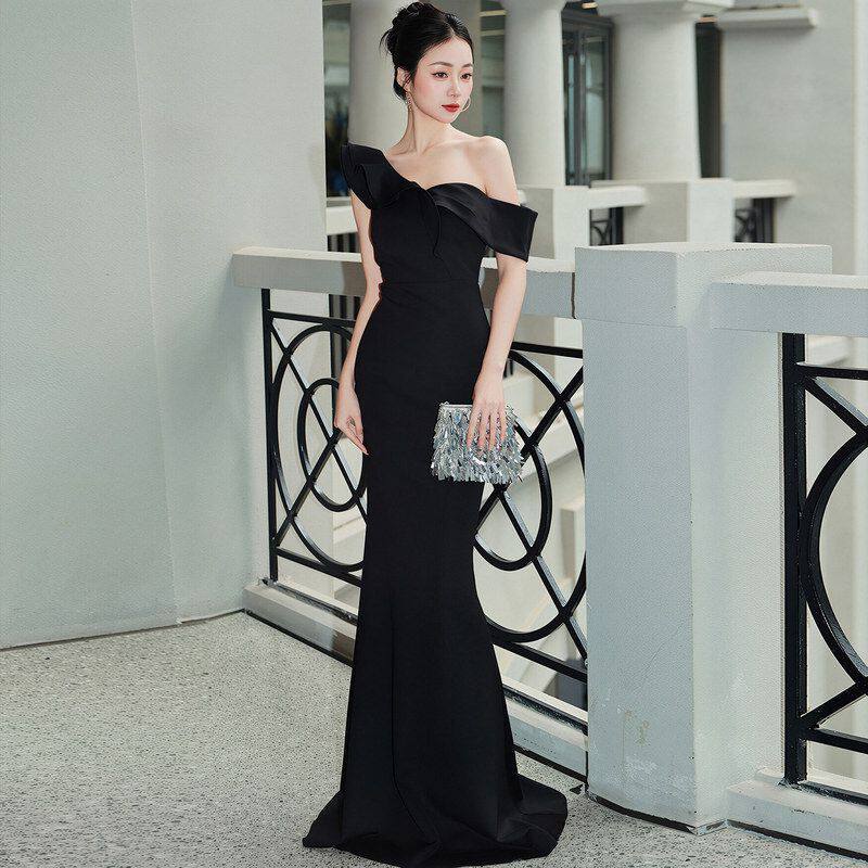 显瘦优雅长款连衣裙单肩晚礼服女