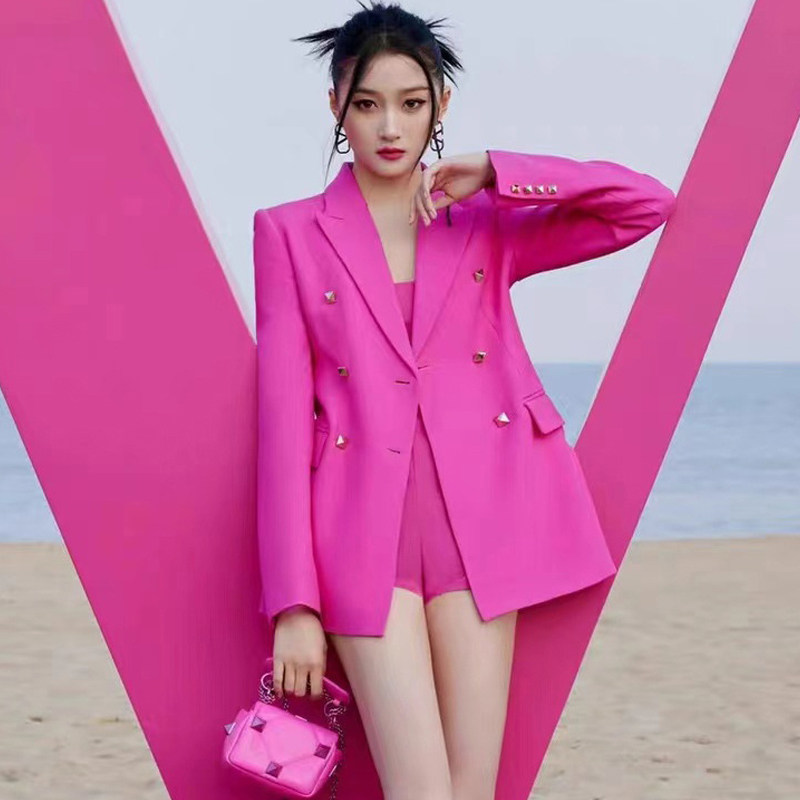 名媛气质时髦洋气玫红色小西装外衣韩版百搭修身显瘦西服外套女潮