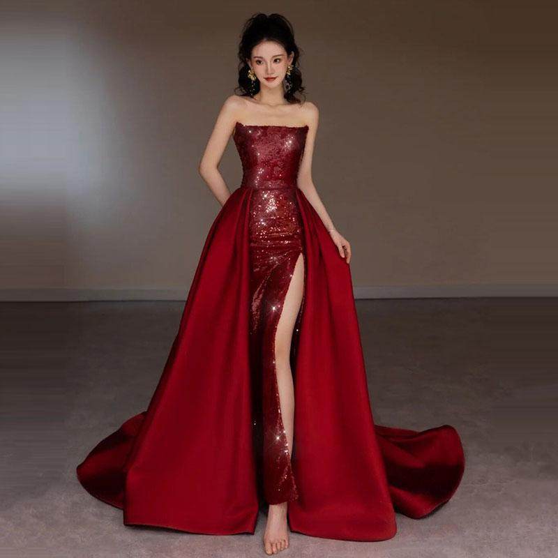 抹胸亮片拖尾长裙酒红色晚礼服女