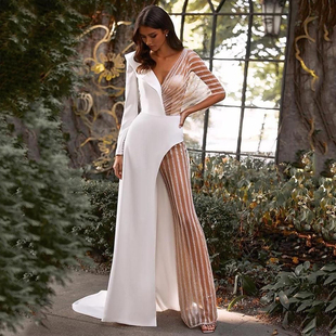 名媛气质性感V领露背亮片宴会礼服蕾丝拼接不规则收腰显瘦连衣裙